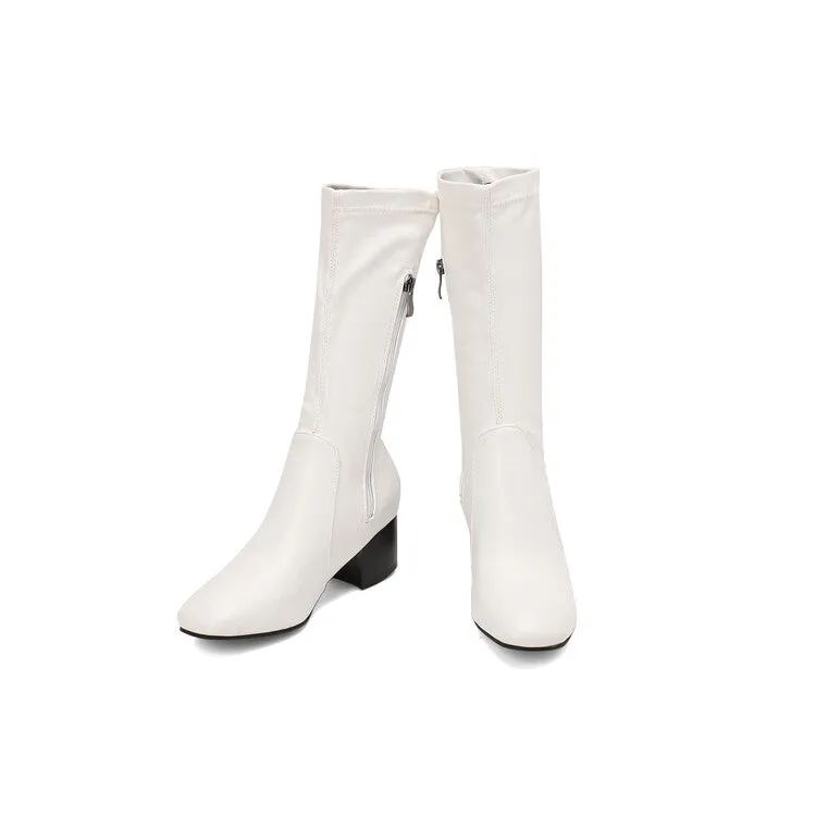 Women's Glossy Square Toe Block Heel Mid Calf Boots