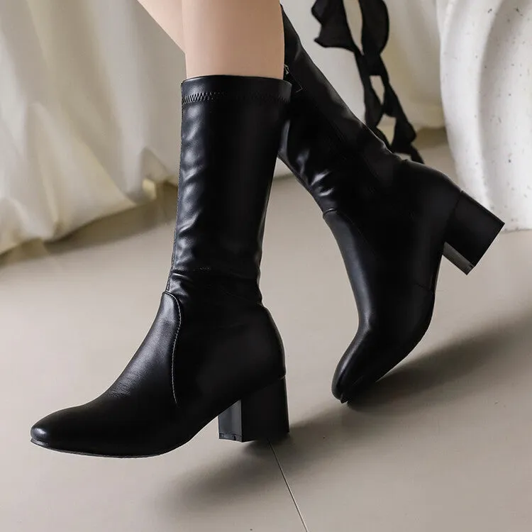 Women's Glossy Square Toe Block Heel Mid Calf Boots