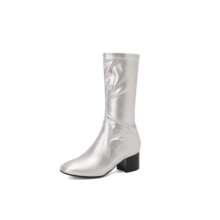 Women's Glossy Square Toe Block Heel Mid Calf Boots