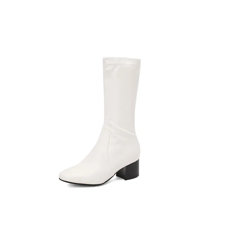 Women's Glossy Square Toe Block Heel Mid Calf Boots