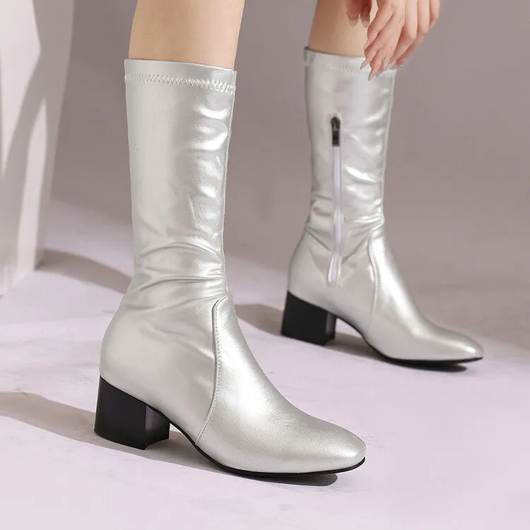 Women's Glossy Square Toe Block Heel Mid Calf Boots