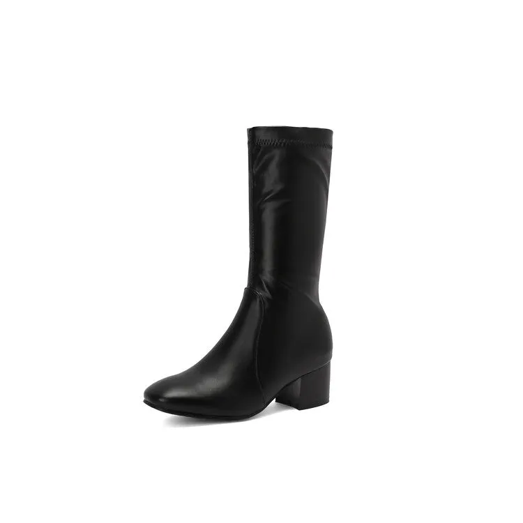 Women's Glossy Square Toe Block Heel Mid Calf Boots