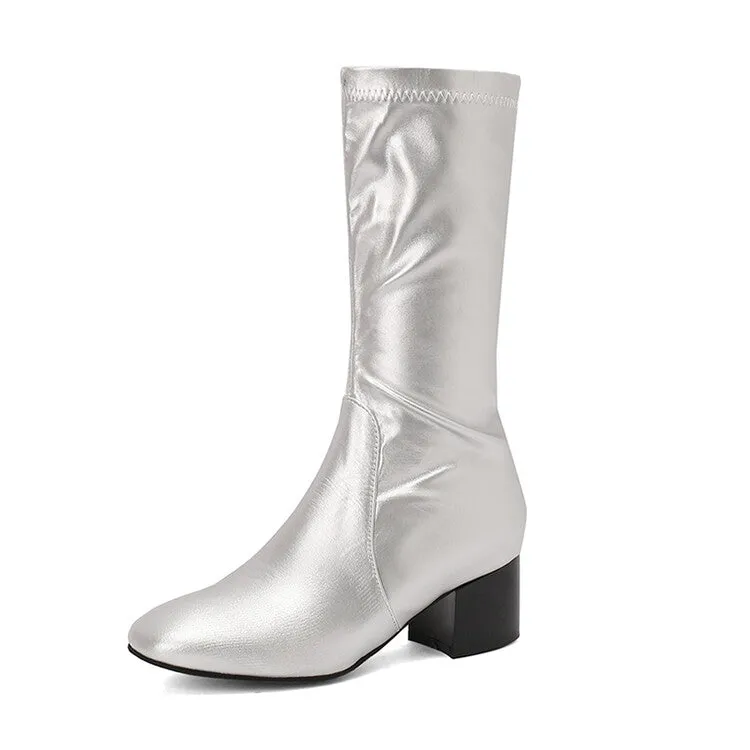 Women's Glossy Square Toe Block Heel Mid Calf Boots