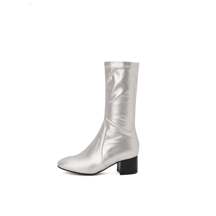 Women's Glossy Square Toe Block Heel Mid Calf Boots