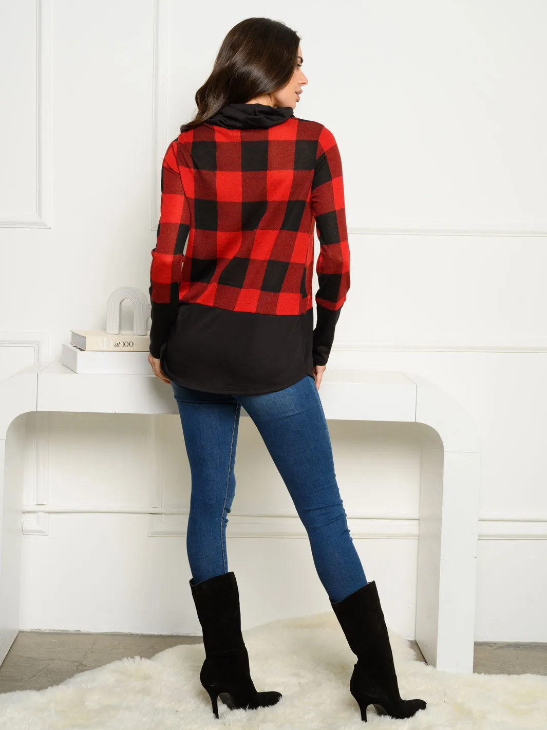 WOMEN'S HACCI BRUSHED PLAID COWL NECK SWEATER