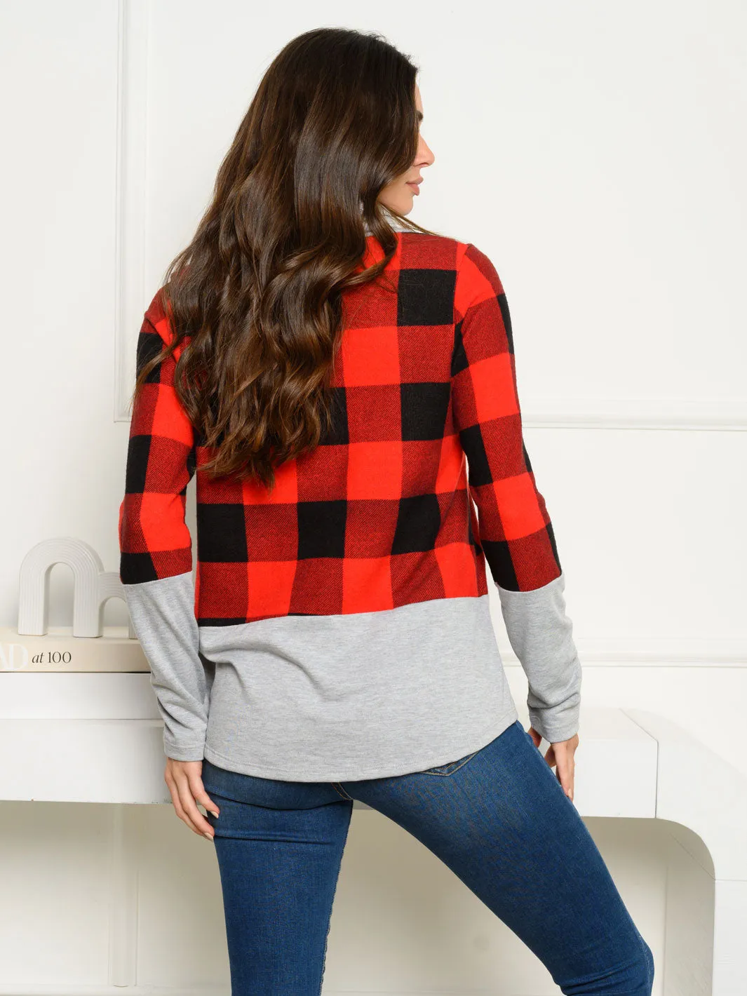 WOMEN'S HACCI BRUSHED PLAID COWL NECK SWEATER