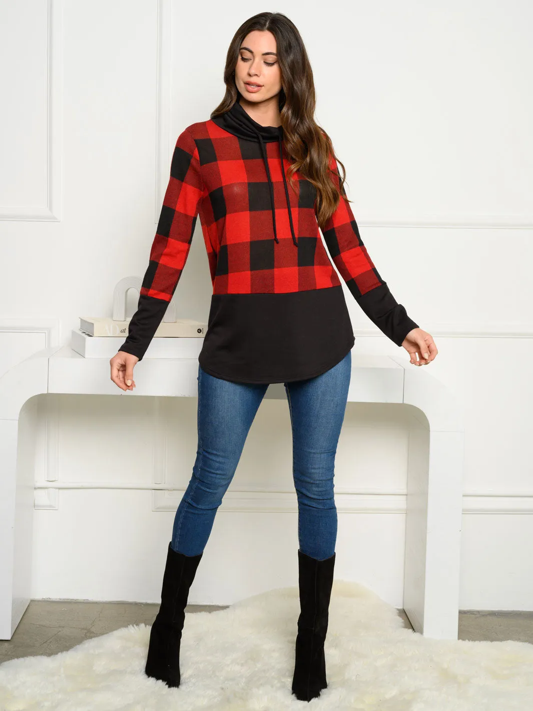 WOMEN'S HACCI BRUSHED PLAID COWL NECK SWEATER