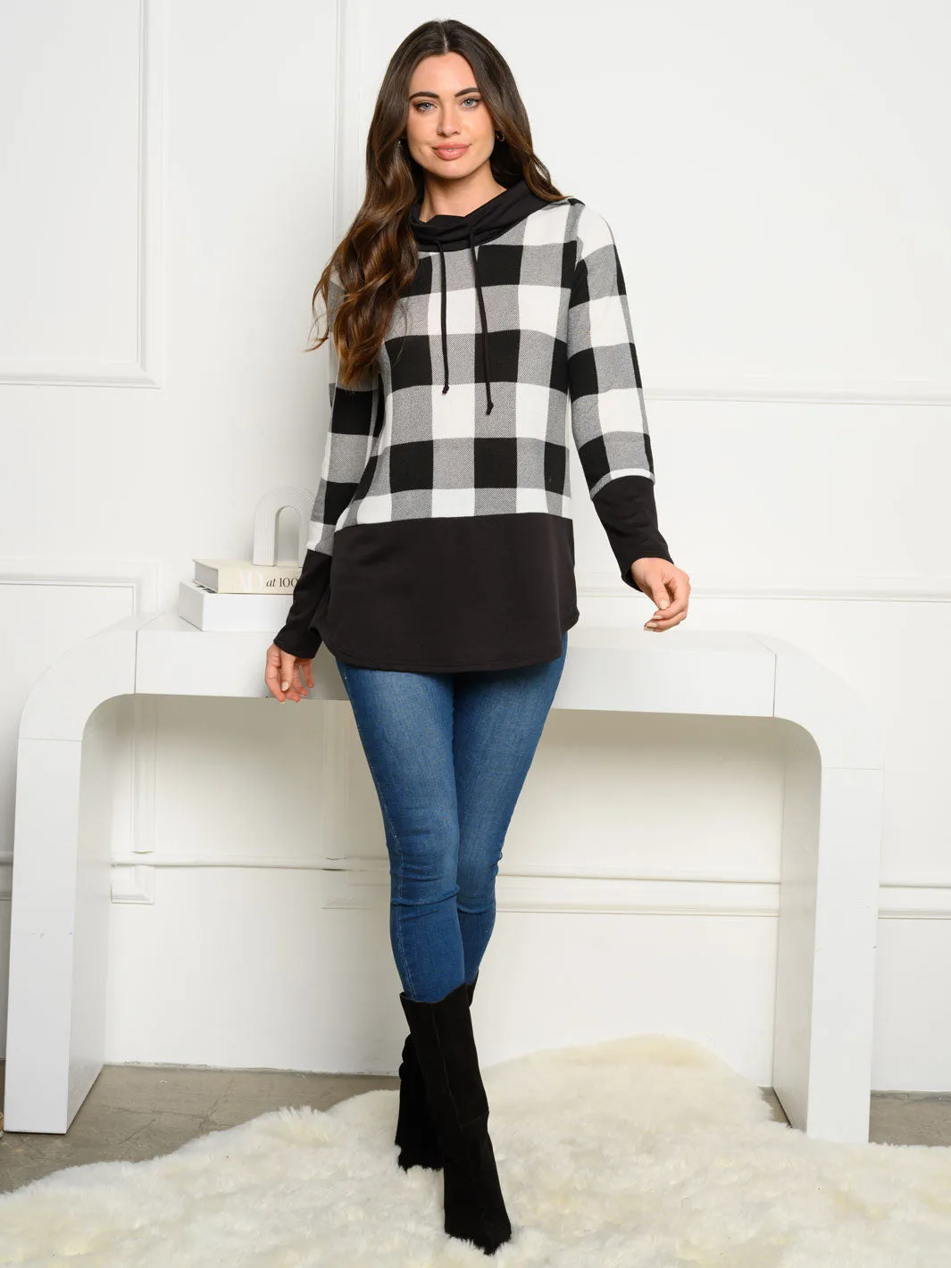 WOMEN'S HACCI BRUSHED PLAID COWL NECK SWEATER