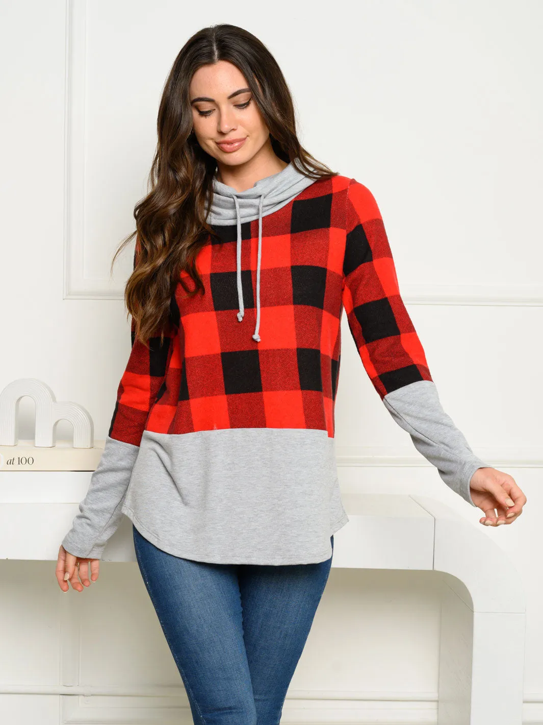 WOMEN'S HACCI BRUSHED PLAID COWL NECK SWEATER