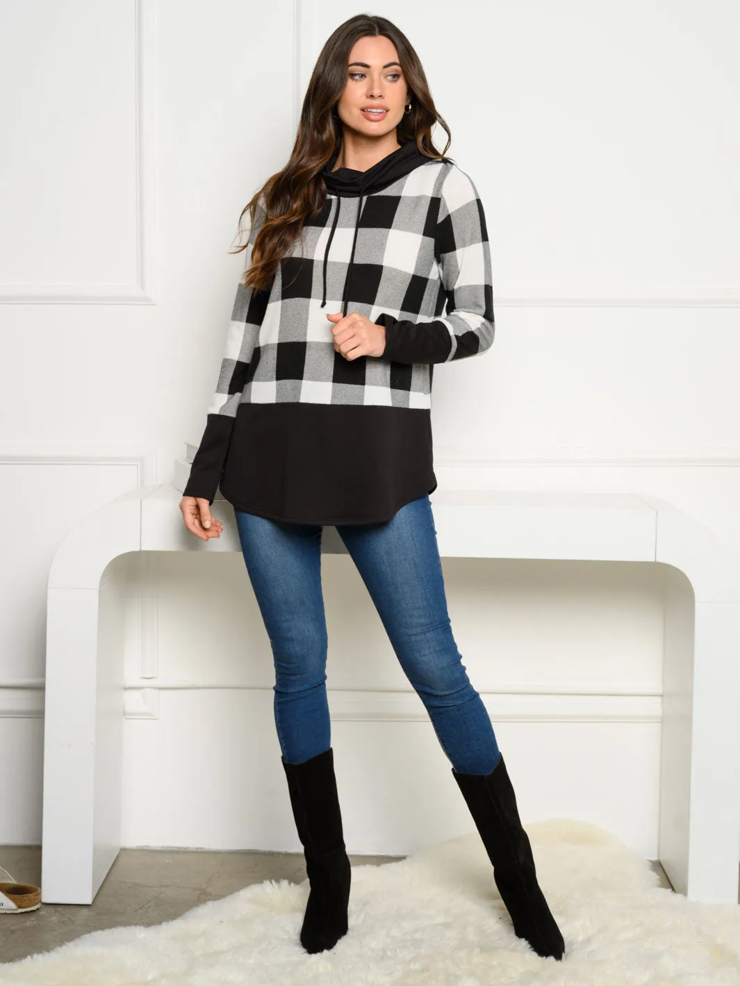 WOMEN'S HACCI BRUSHED PLAID COWL NECK SWEATER
