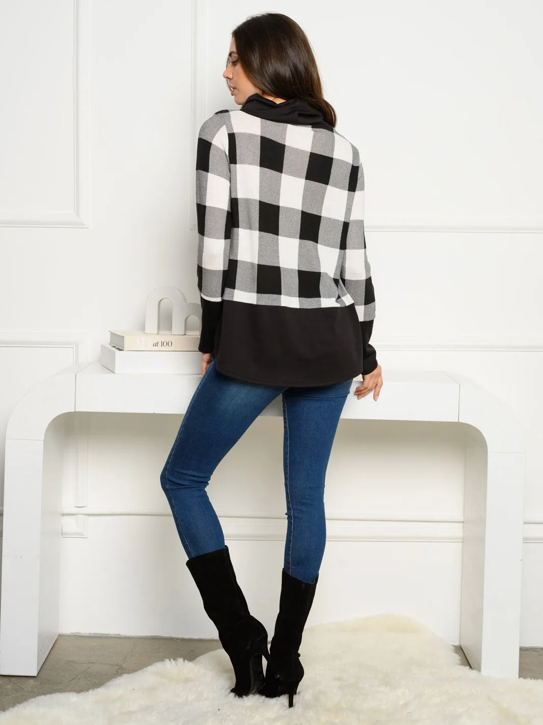 WOMEN'S HACCI BRUSHED PLAID COWL NECK SWEATER