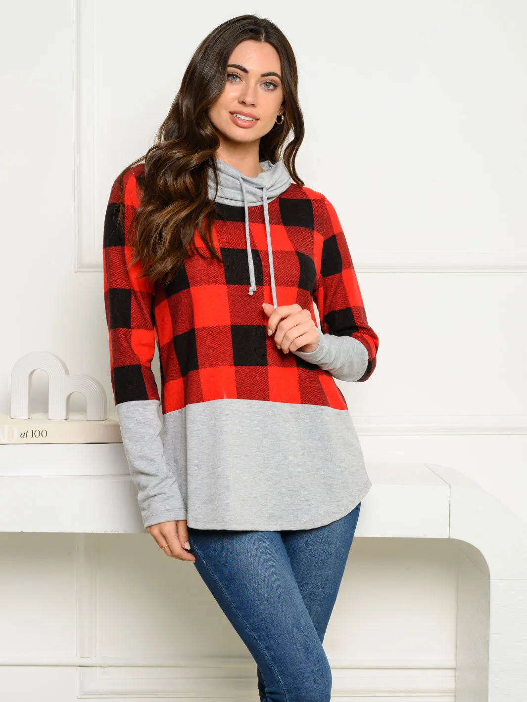 WOMEN'S HACCI BRUSHED PLAID COWL NECK SWEATER