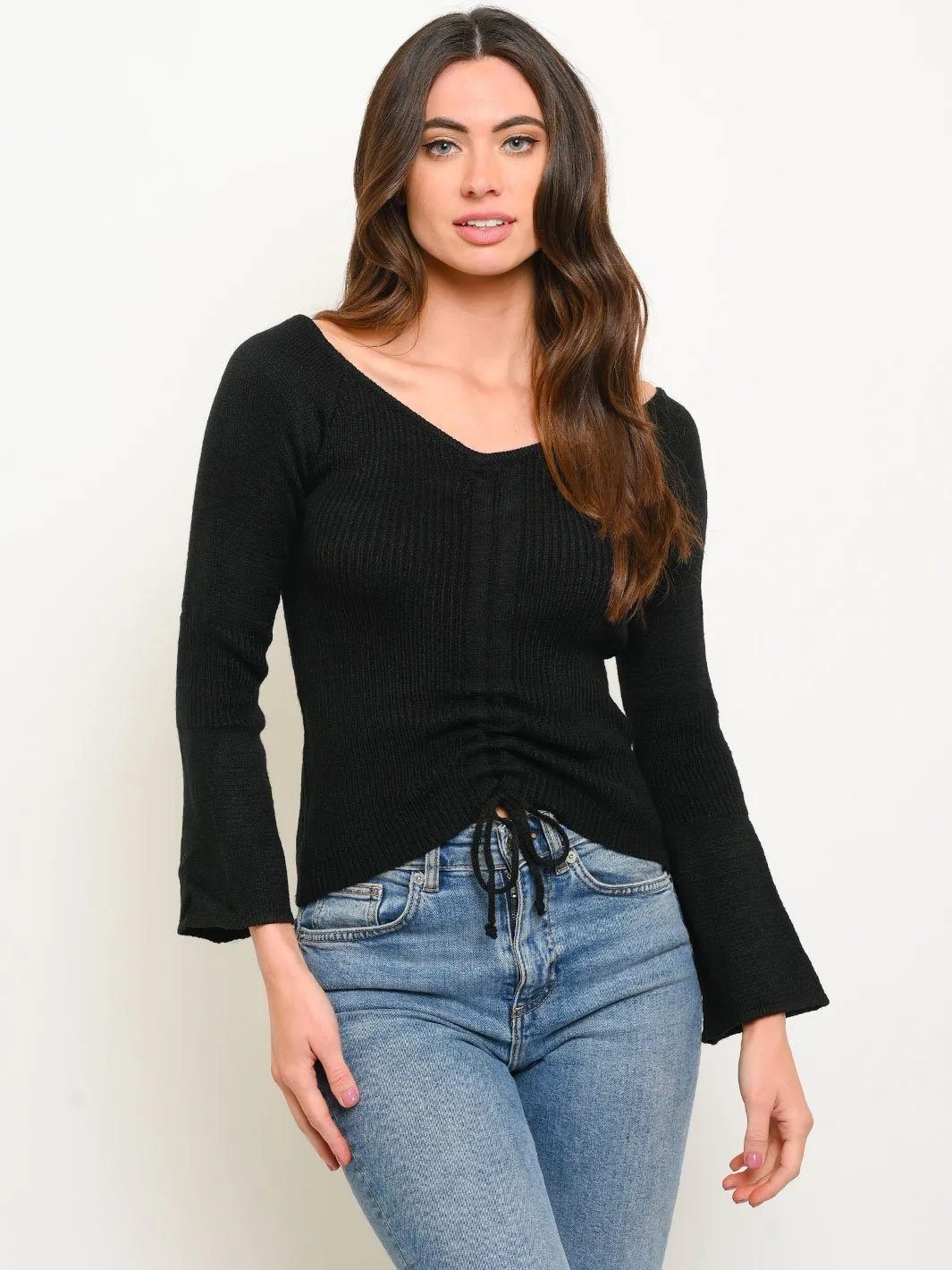 WOMEN'S KNITTED OFF SHOULDER RUCHED TOP