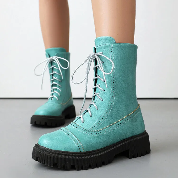 Women's Lace-Up Round Toe Flat Platform Short Boots