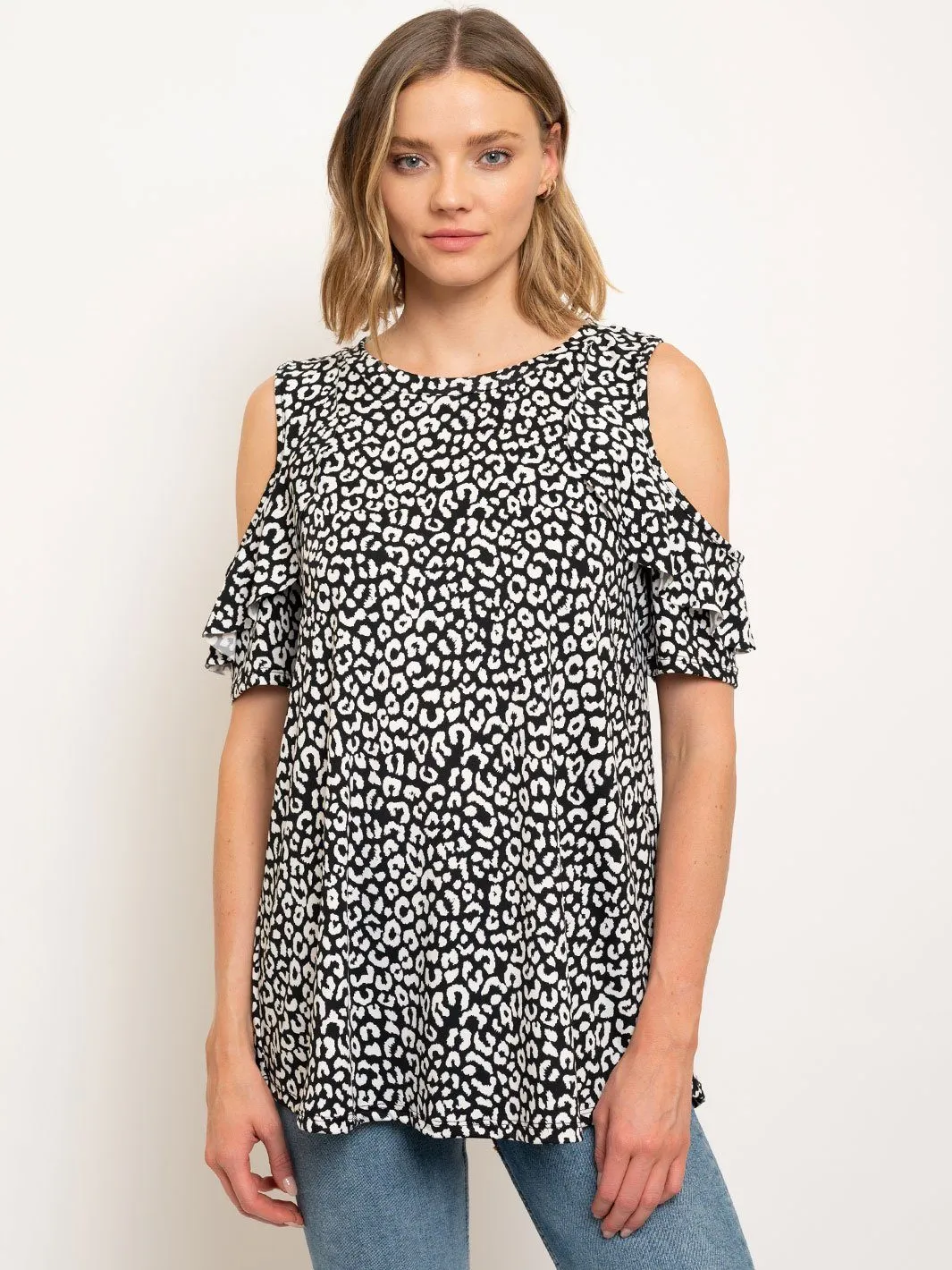 WOMEN'S LEOPARD PRINT TUNIC COLD SHOULDER RUFFLES TOP