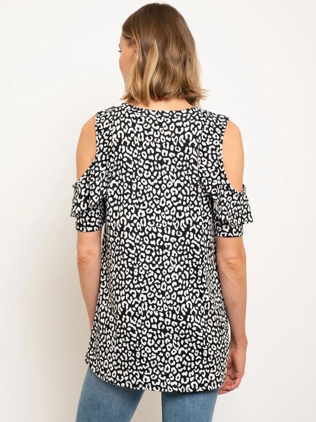 WOMEN'S LEOPARD PRINT TUNIC COLD SHOULDER RUFFLES TOP