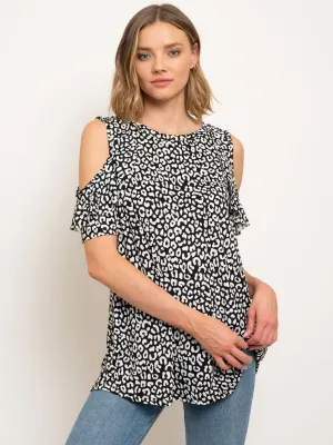 WOMEN'S LEOPARD PRINT TUNIC COLD SHOULDER RUFFLES TOP