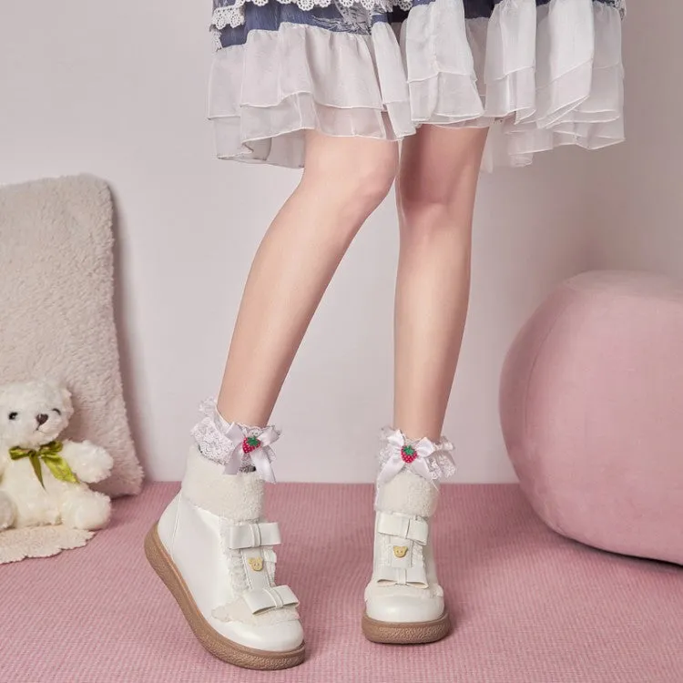 Women's Lolita Lace Bow Tie Side Zippers Flat Ankle Boots