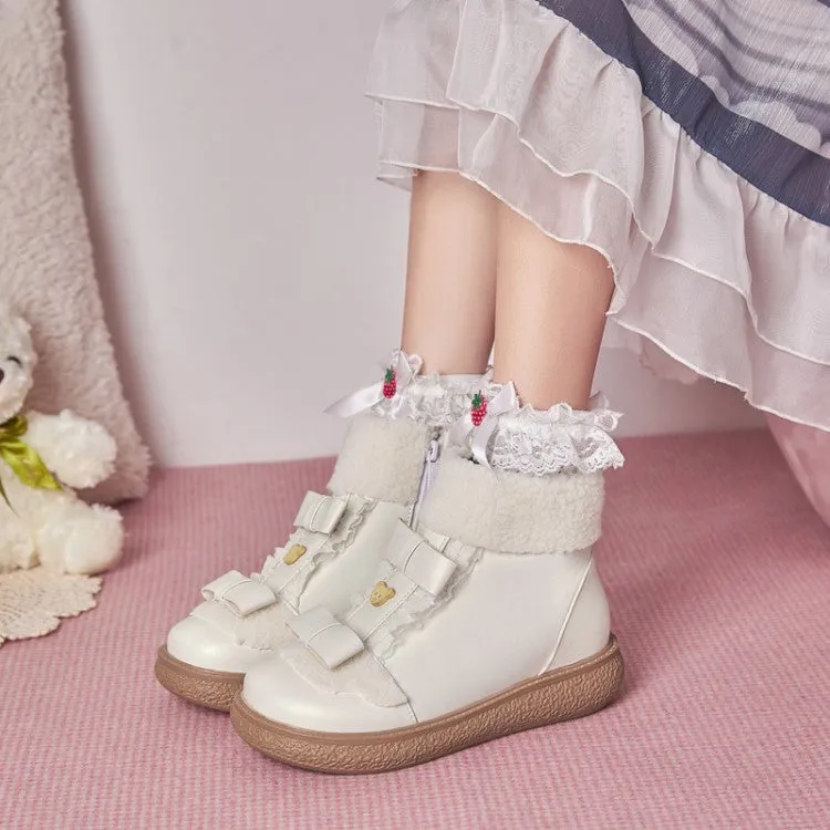 Women's Lolita Lace Bow Tie Side Zippers Flat Ankle Boots