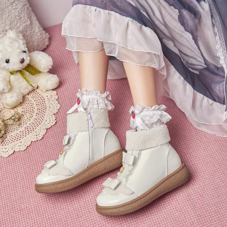 Women's Lolita Lace Bow Tie Side Zippers Flat Ankle Boots