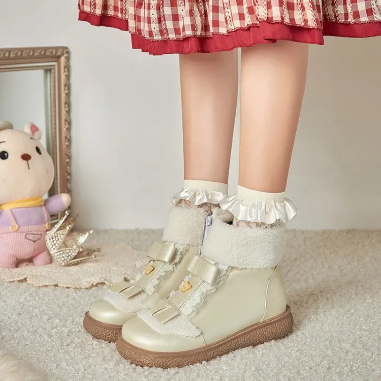 Women's Lolita Lace Bow Tie Side Zippers Flat Ankle Boots
