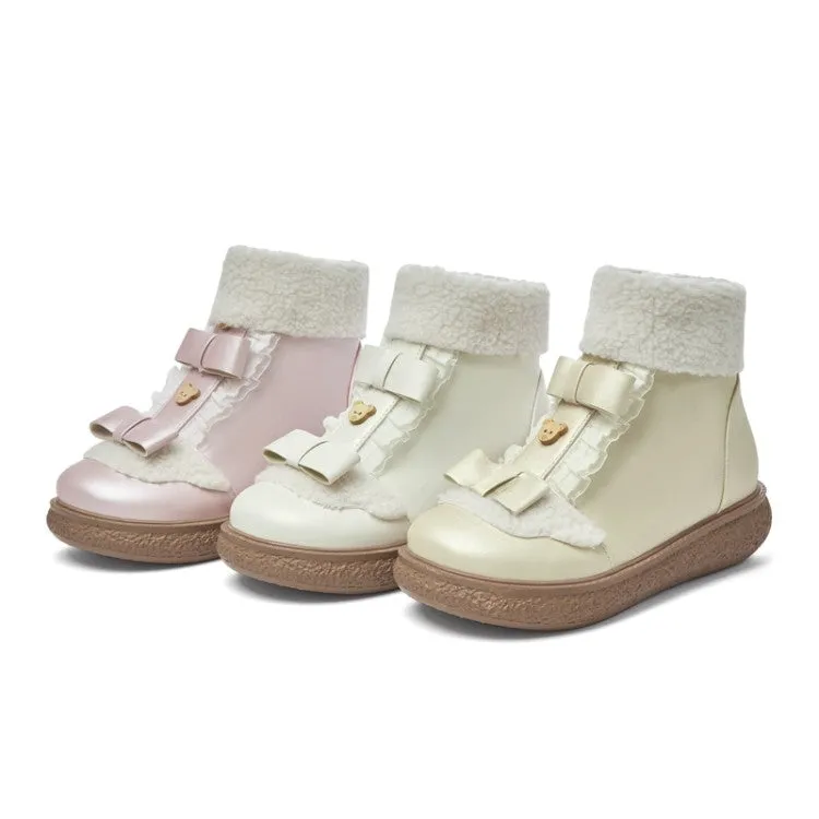 Women's Lolita Lace Bow Tie Side Zippers Flat Ankle Boots