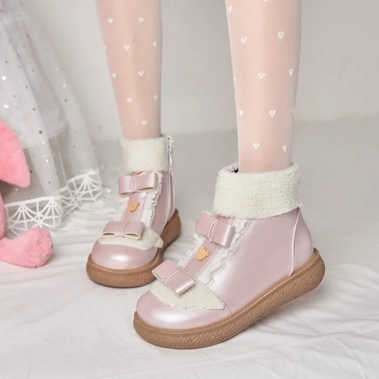 Women's Lolita Lace Bow Tie Side Zippers Flat Ankle Boots