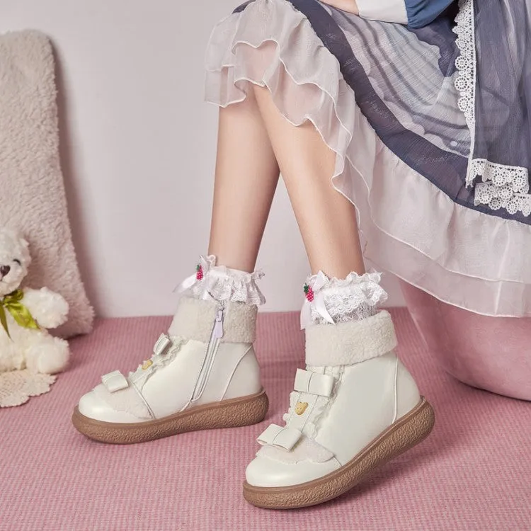 Women's Lolita Lace Bow Tie Side Zippers Flat Ankle Boots