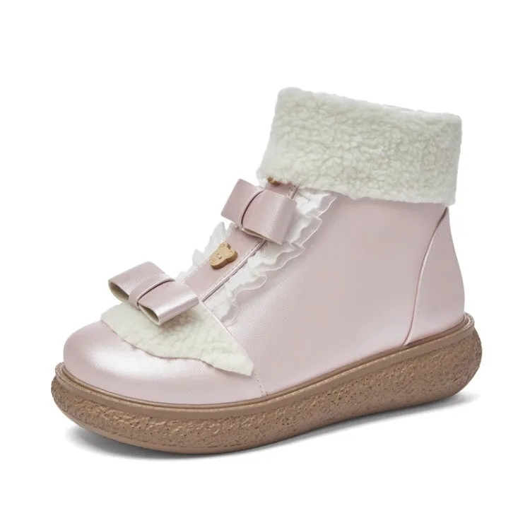 Women's Lolita Lace Bow Tie Side Zippers Flat Ankle Boots