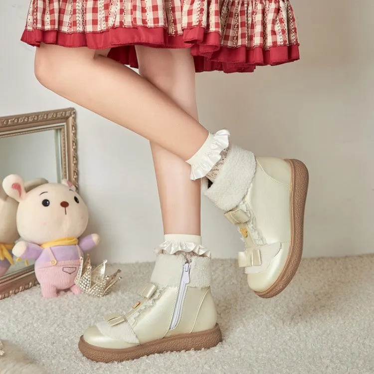 Women's Lolita Lace Bow Tie Side Zippers Flat Ankle Boots