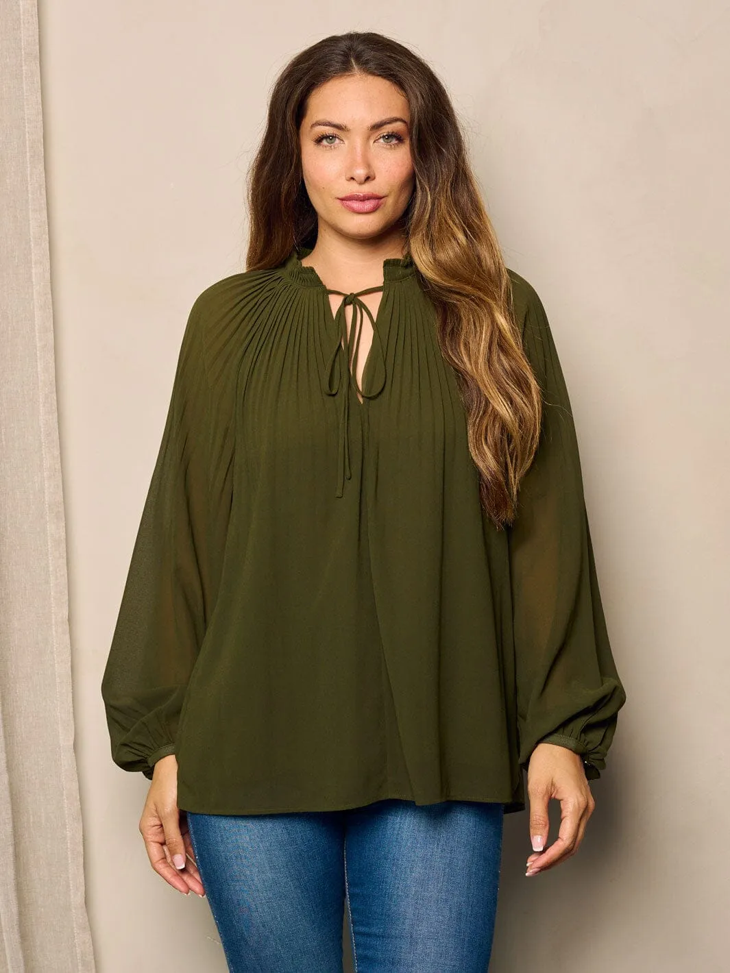 WOMEN'S LONG BALLON SLEEVE V-NECK TUNIC BLOUSE TOP