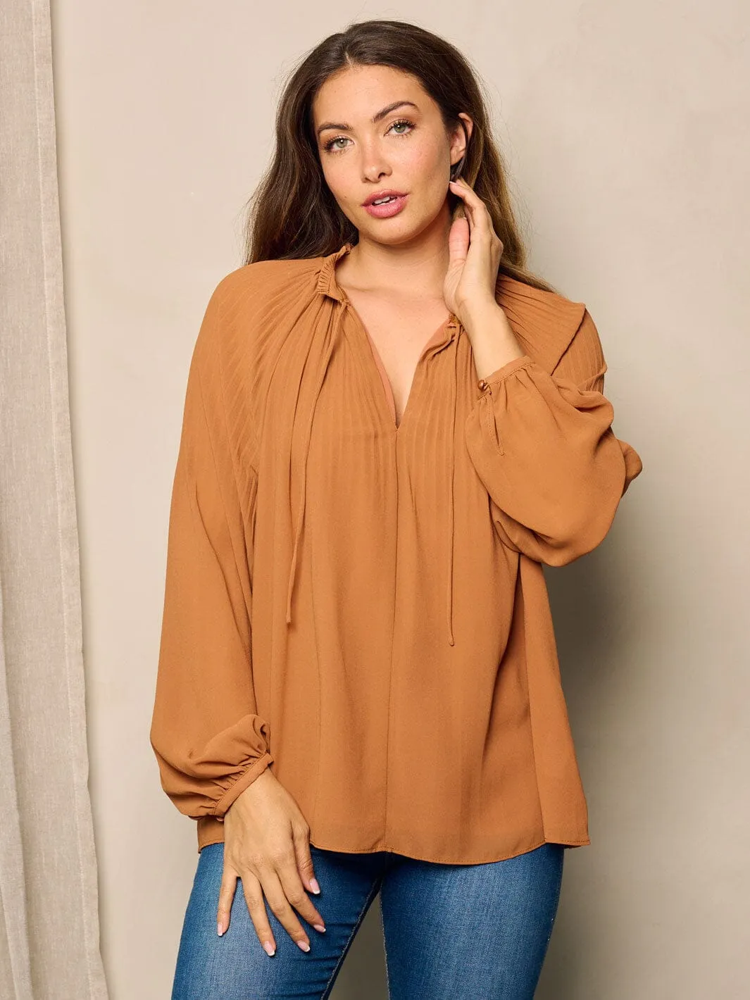 WOMEN'S LONG BALLON SLEEVE V-NECK TUNIC BLOUSE TOP