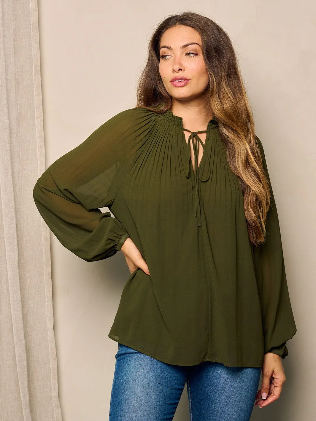 WOMEN'S LONG BALLON SLEEVE V-NECK TUNIC BLOUSE TOP