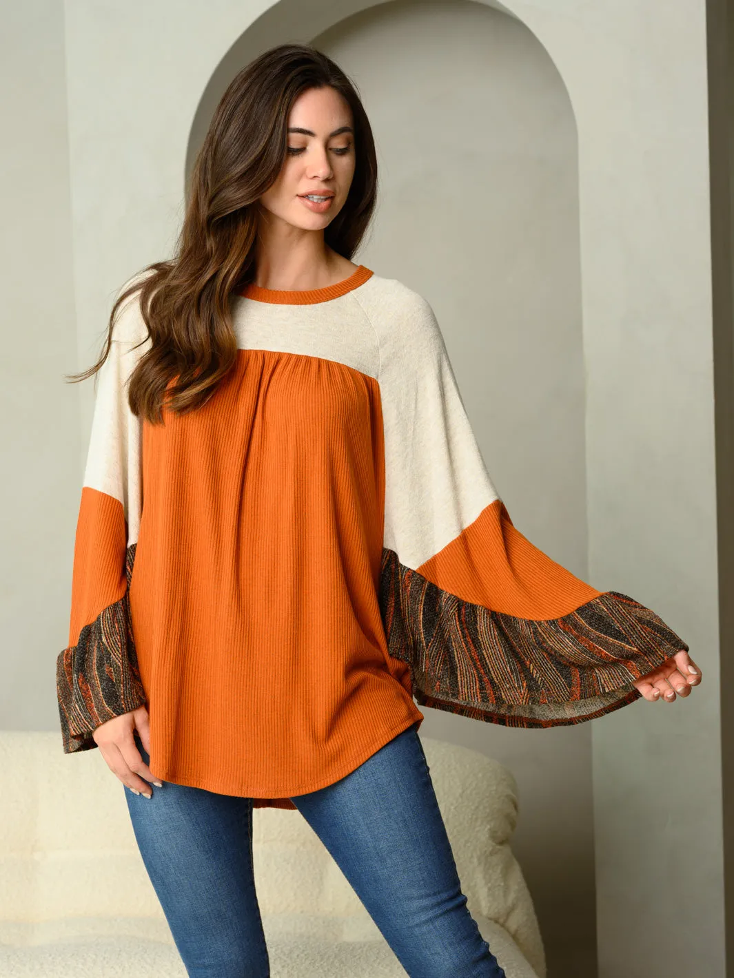 WOMEN'S LONG BELL SLEEVE COLORBLOCK TUNIC TOP