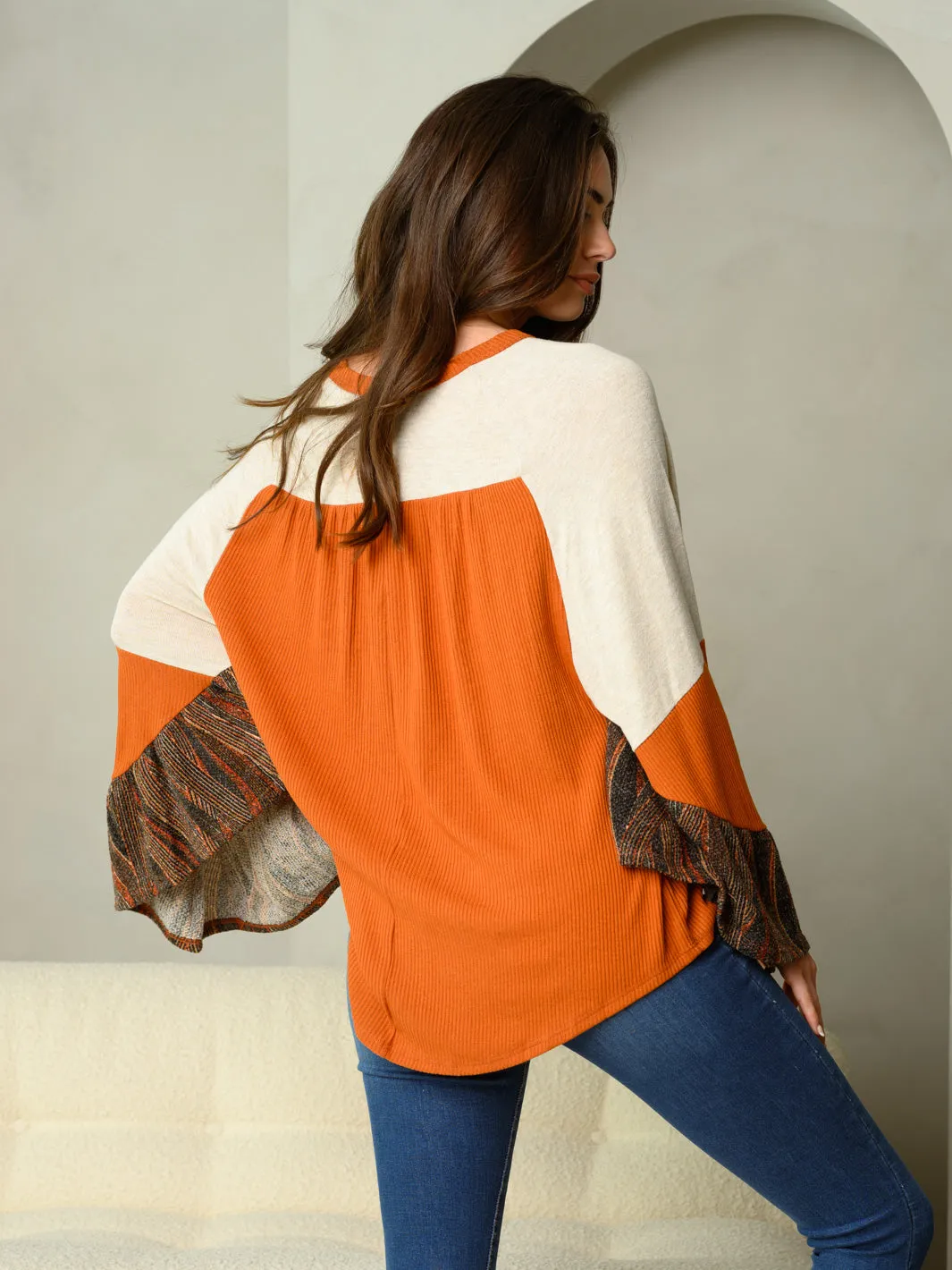WOMEN'S LONG BELL SLEEVE COLORBLOCK TUNIC TOP