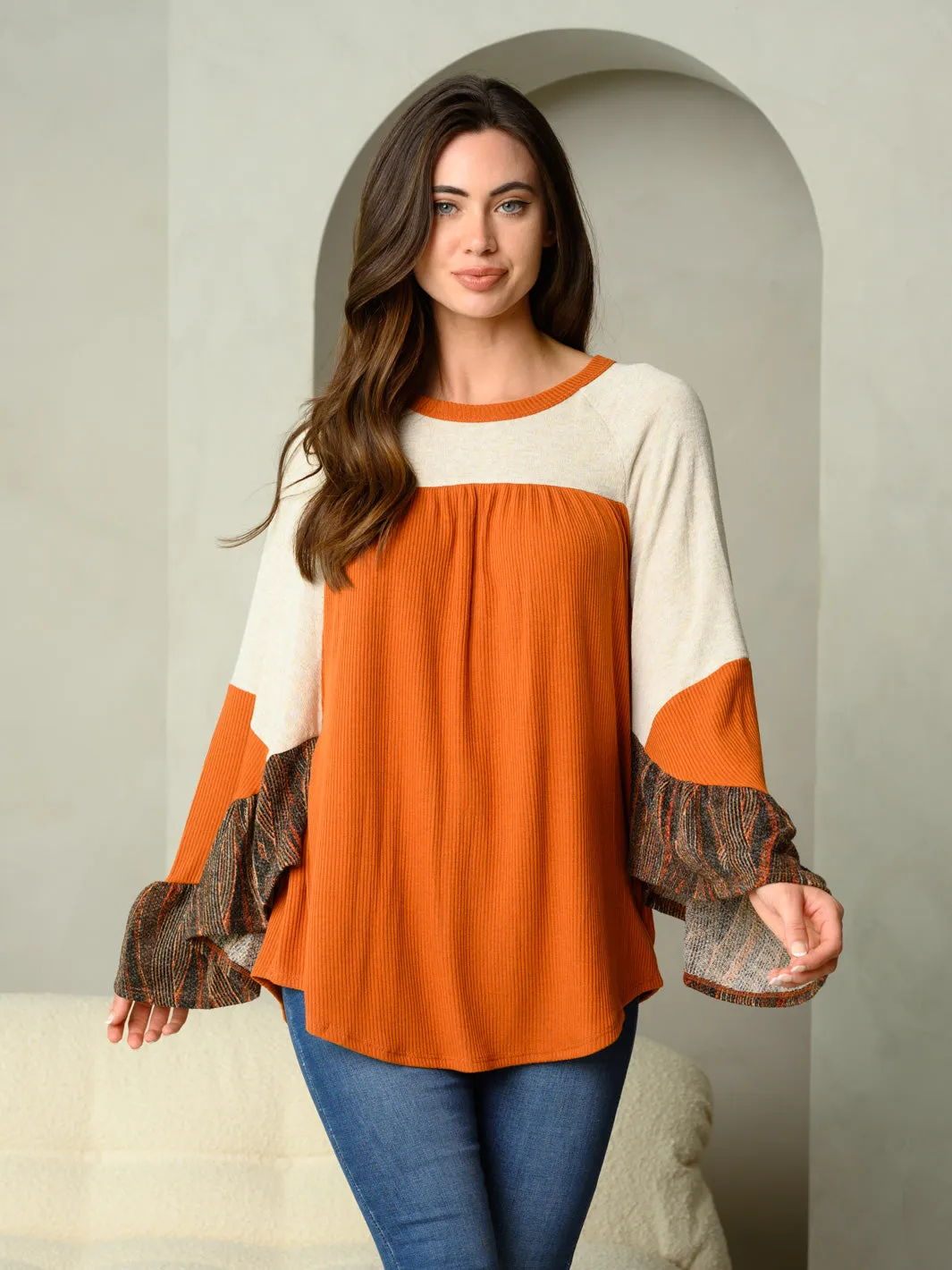 WOMEN'S LONG BELL SLEEVE COLORBLOCK TUNIC TOP
