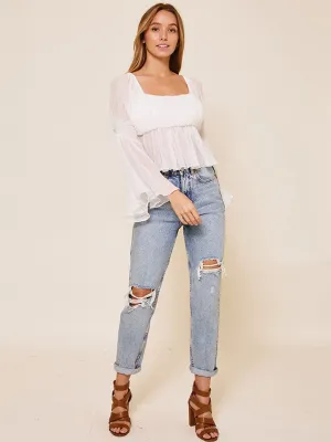 WOMEN'S LONG BELL SLEEVE SQUARE NECK PEPLUM TOP