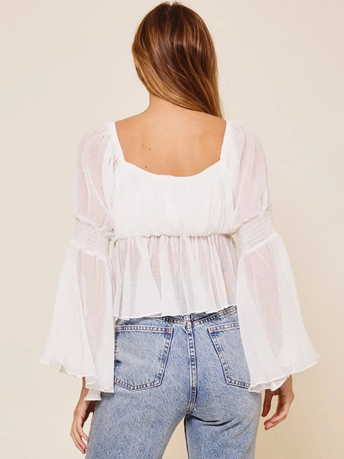 WOMEN'S LONG BELL SLEEVE SQUARE NECK PEPLUM TOP