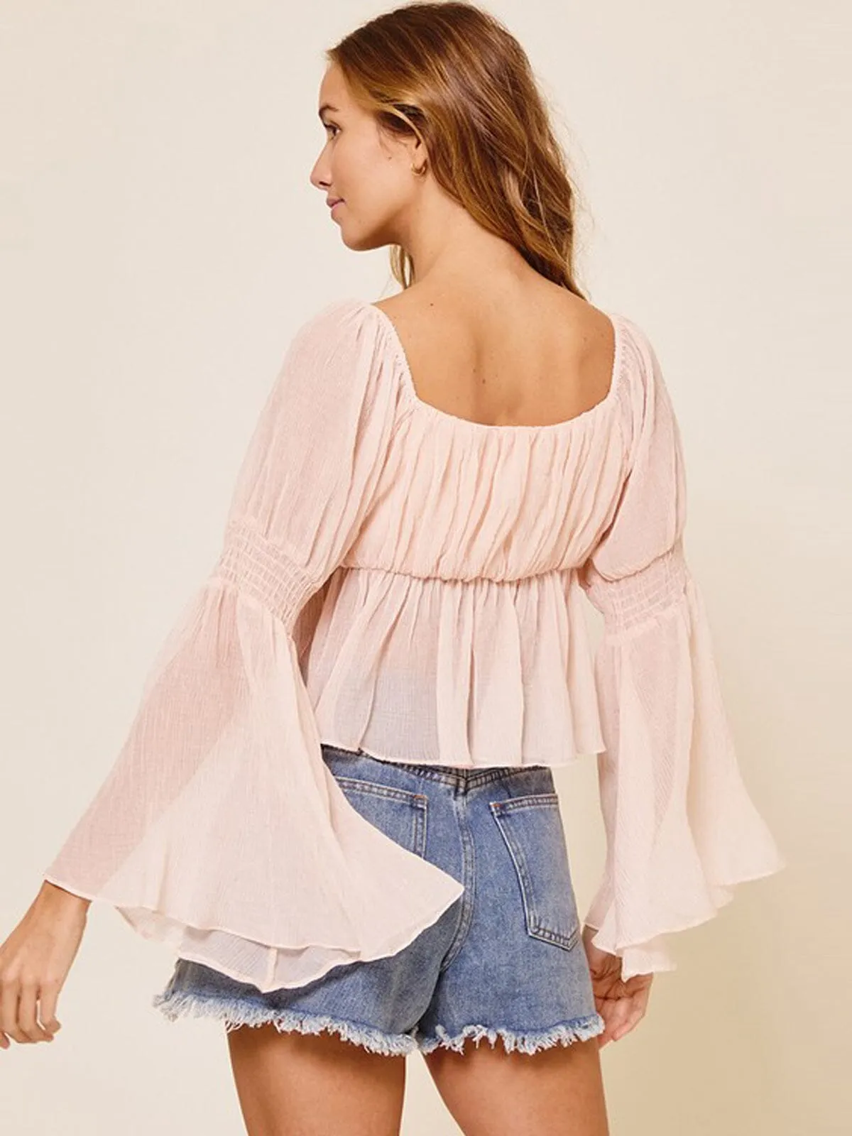 WOMEN'S LONG BELL SLEEVE SQUARE NECK PEPLUM TOP