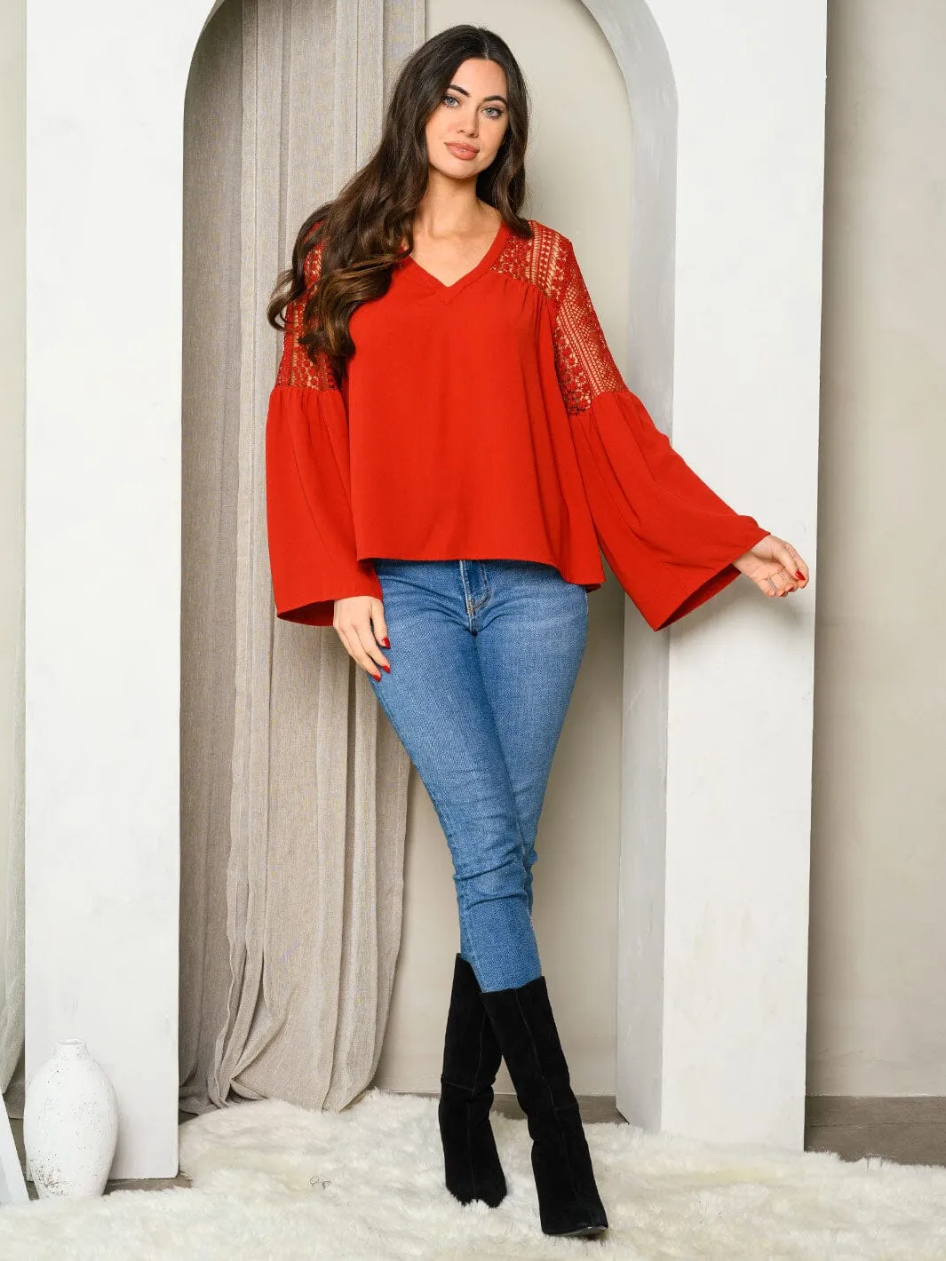 WOMEN'S LONG BELL SLEEVE V-NECK LACE BLOUSE