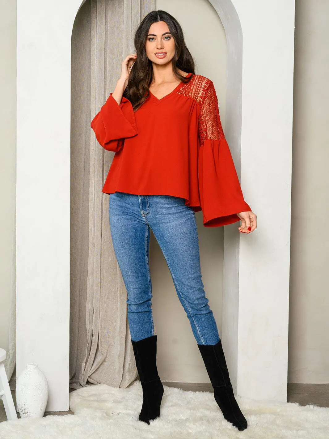 WOMEN'S LONG BELL SLEEVE V-NECK LACE BLOUSE
