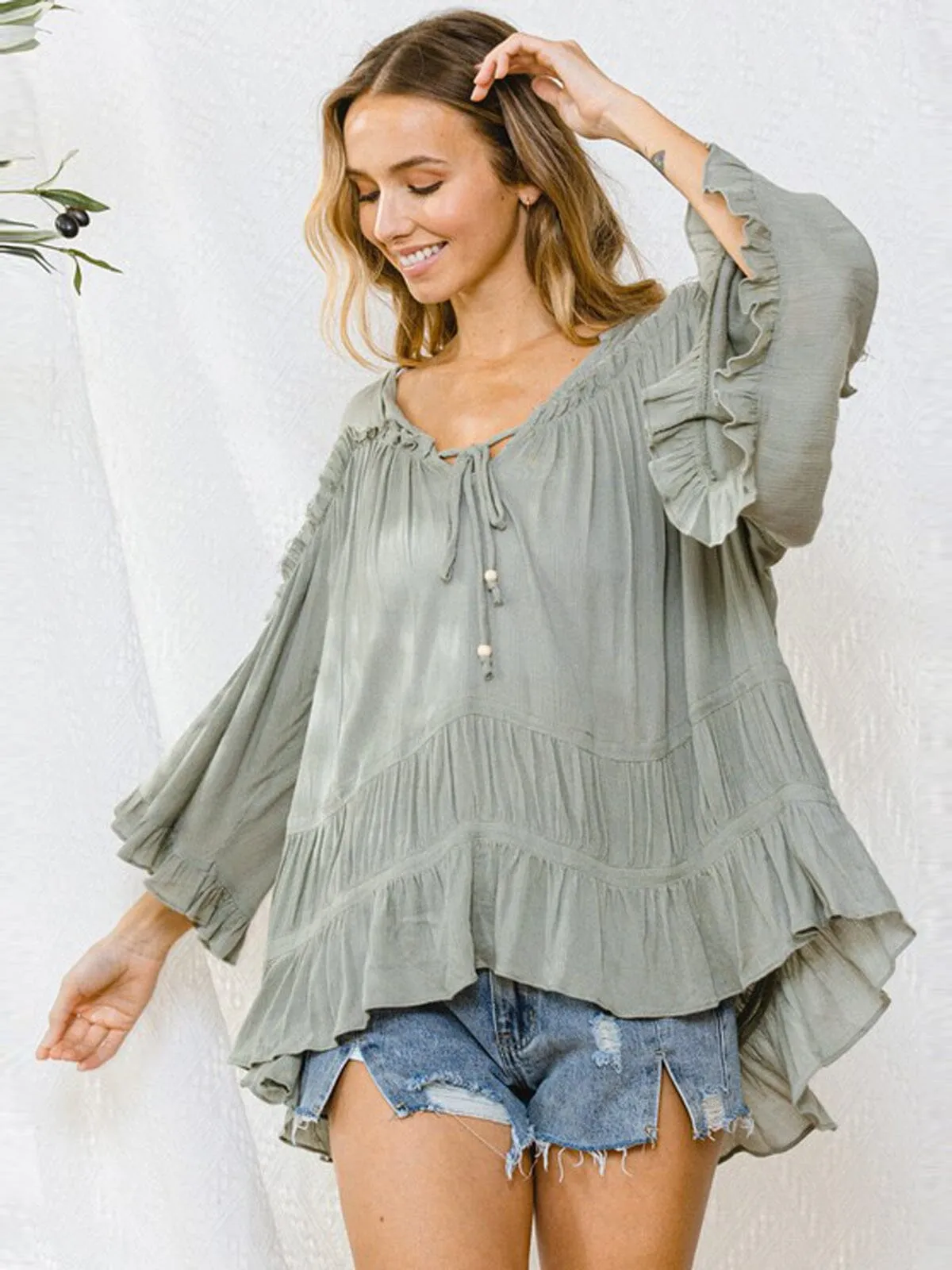 WOMEN'S LONG BELL SLEEVE V-NECK RUFFLE TIERED TOP