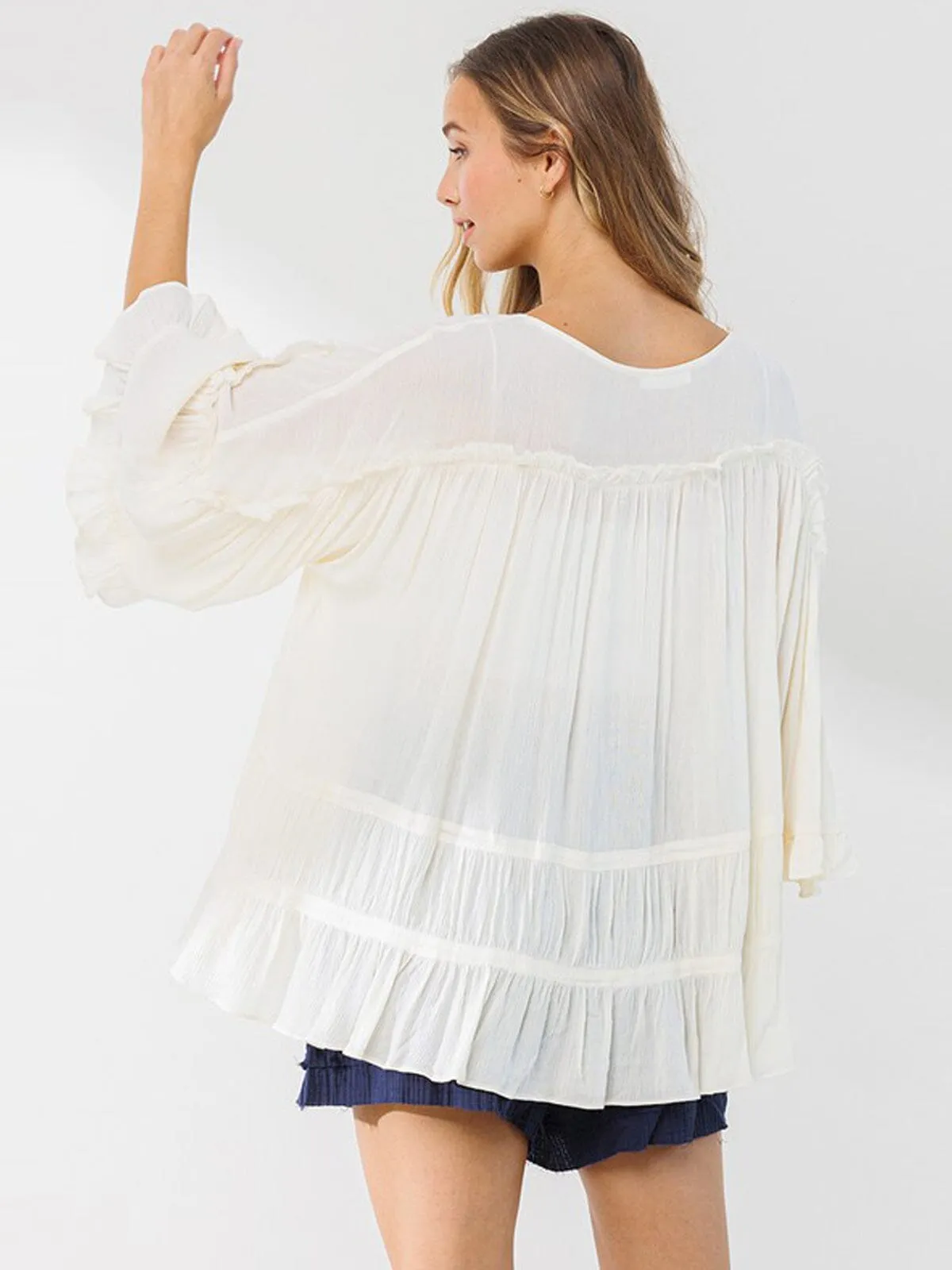 WOMEN'S LONG BELL SLEEVE V-NECK RUFFLE TIERED TOP