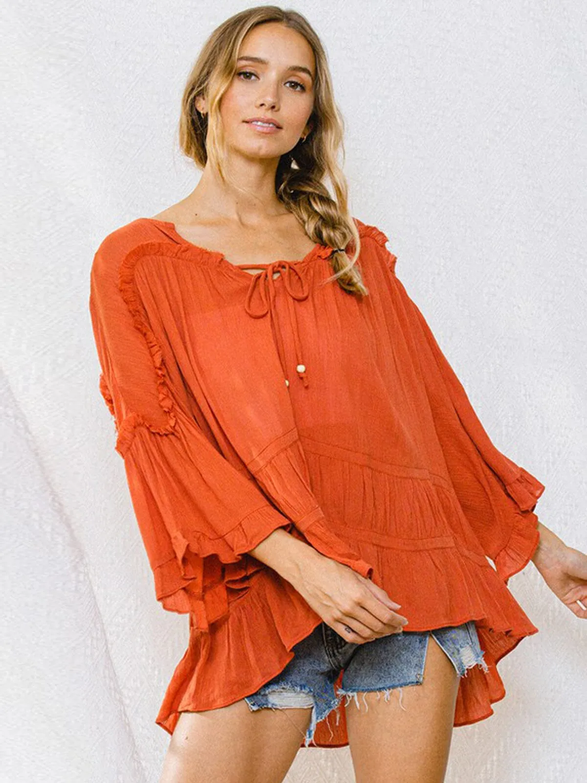 WOMEN'S LONG BELL SLEEVE V-NECK RUFFLE TIERED TOP