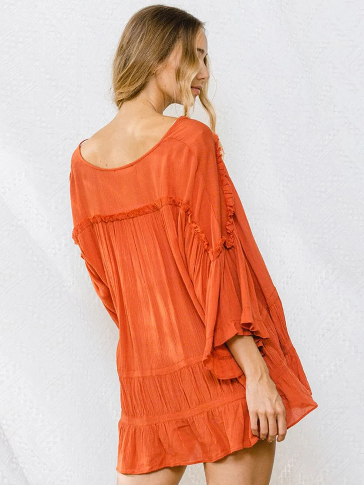 WOMEN'S LONG BELL SLEEVE V-NECK RUFFLE TIERED TOP