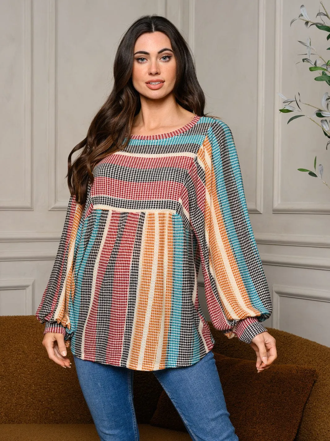 WOMEN'S LONG PUFF SLEEVE COLORBLOCK TUNIC TOP