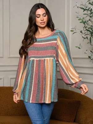 WOMEN'S LONG PUFF SLEEVE COLORBLOCK TUNIC TOP