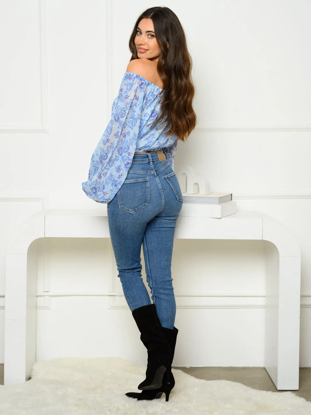 WOMEN'S LONG PUFF SLEEVE OFF SHOULDER FLORAL TOP