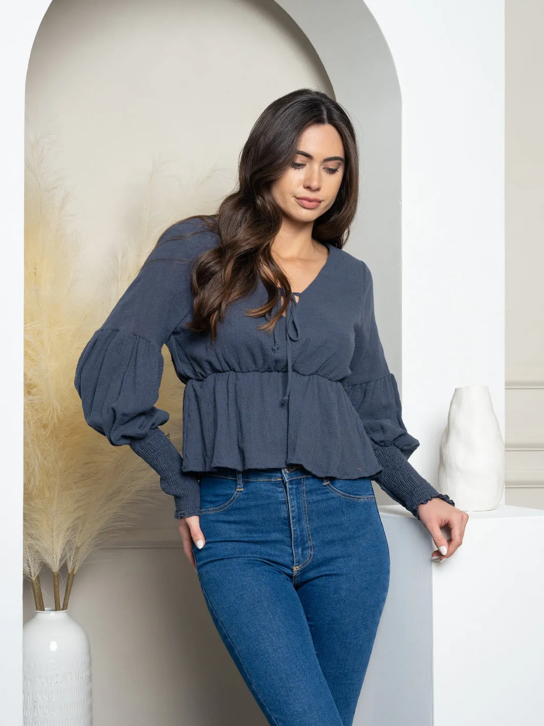 WOMEN'S LONG PUFF SLEEVE V-NECK PEPLUM BLOUSE