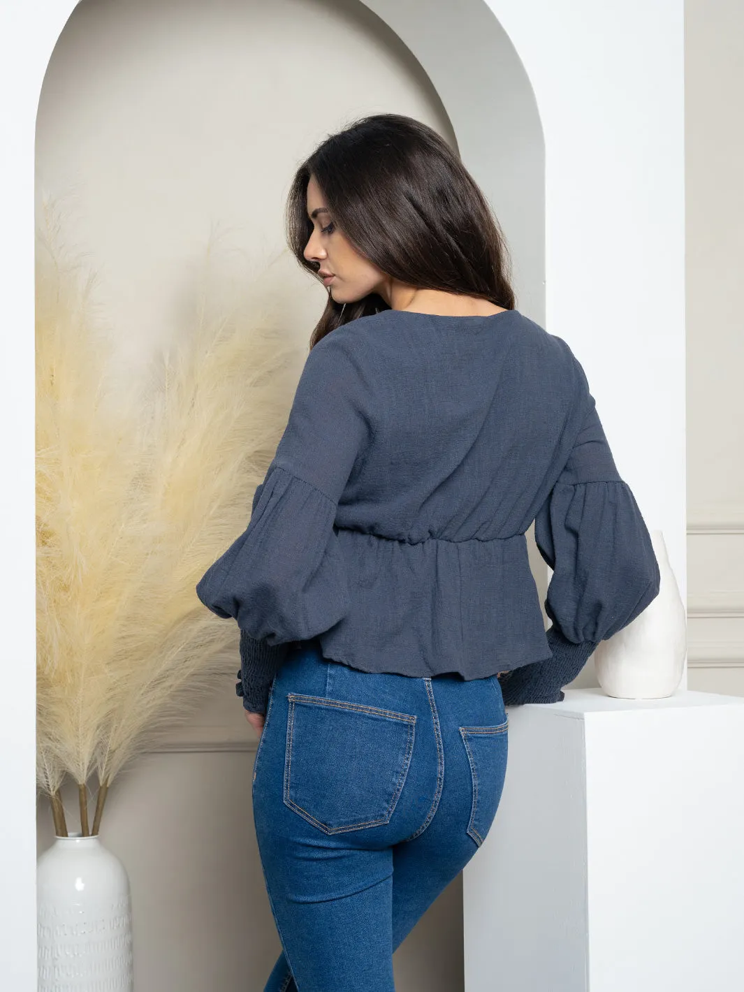 WOMEN'S LONG PUFF SLEEVE V-NECK PEPLUM BLOUSE